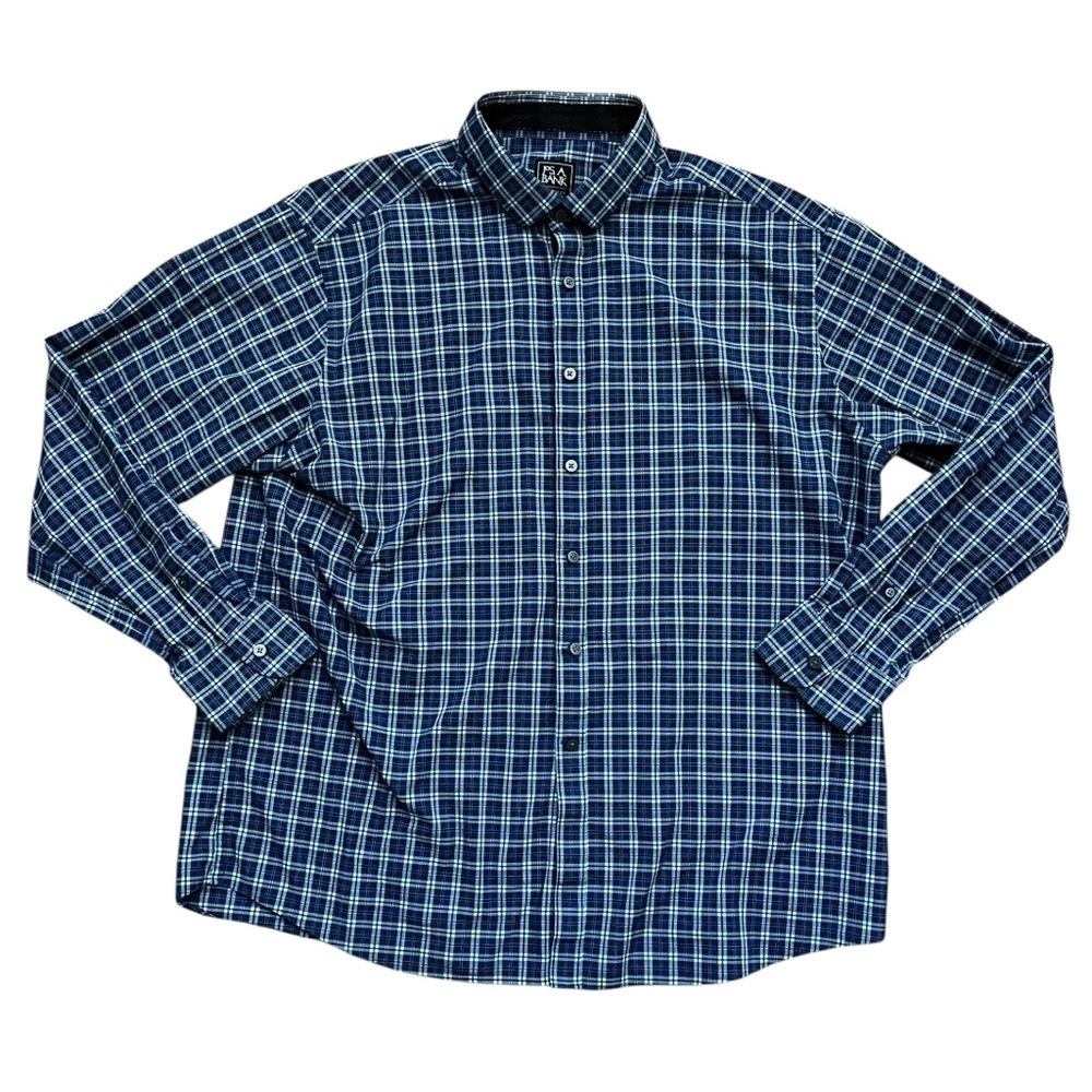 Jos. A. Bank XL Travel Tech Tailored Fit Button Up Shirt Blue White Plaid Men’s